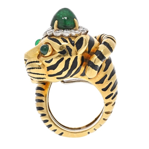 David Webb 18K Yellow Gold Green Emerald Tiger Ring - Picture 3 of 5